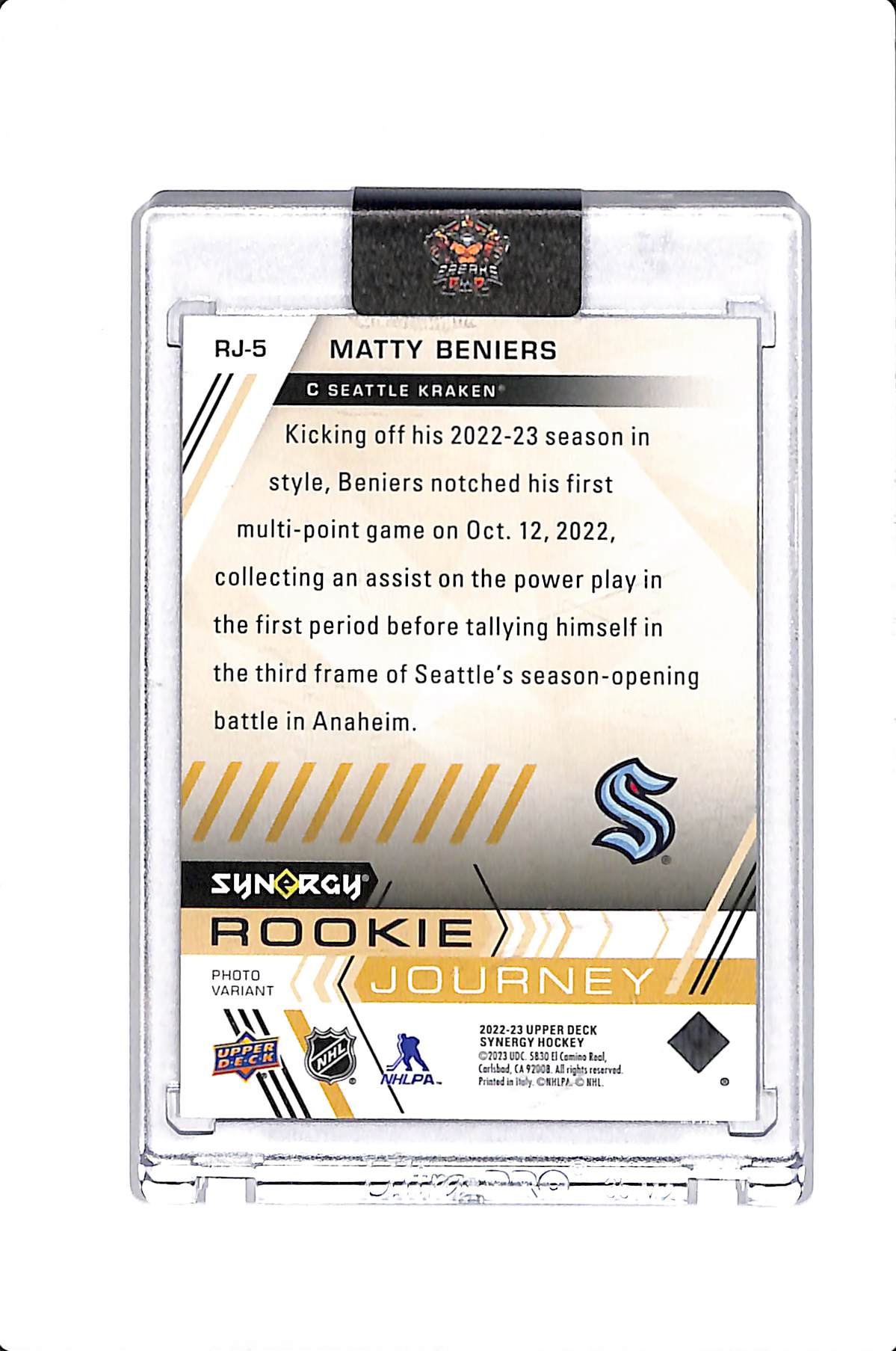 2022-23 UPPER DECK SYNERGY MATTY BENIERS ROOKIE JOURNEY PHOTO VARIANT 1/1 #RJ-5