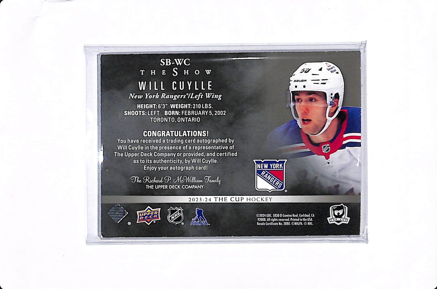 2023-24 UPPER DECK THE CUP WILL CUYLLE THE SHOW BLACK AUTO #SB-WC