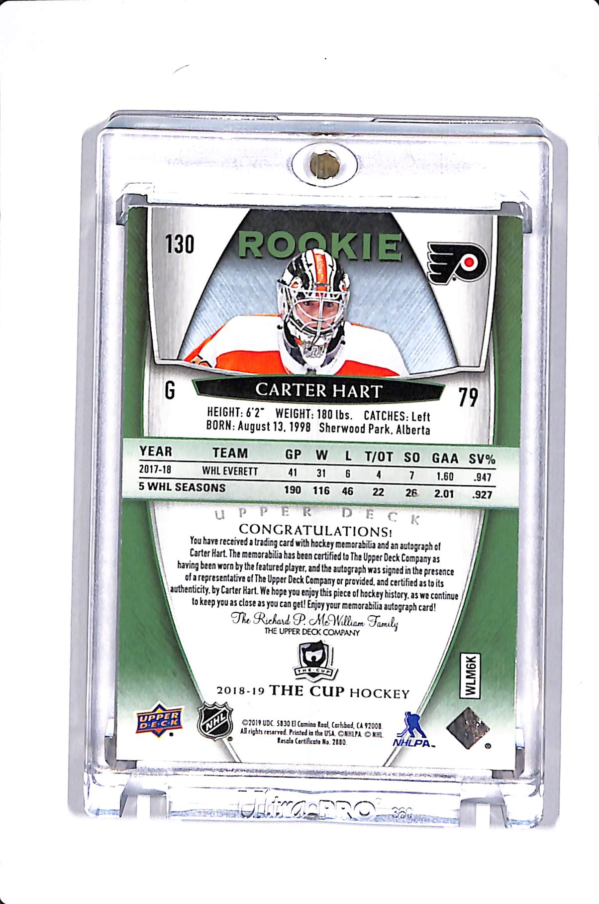 2018-19 UPPER DEXK THE CUP CARTER HART ROOKIE BUTTON PATCH AUTO /3 #130