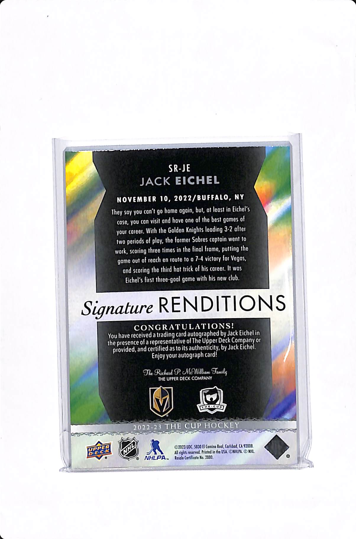 2022-23 UPPER DECK THE CUP JACK EICHEL SIGNATURE RENDITIONS #SR-JE