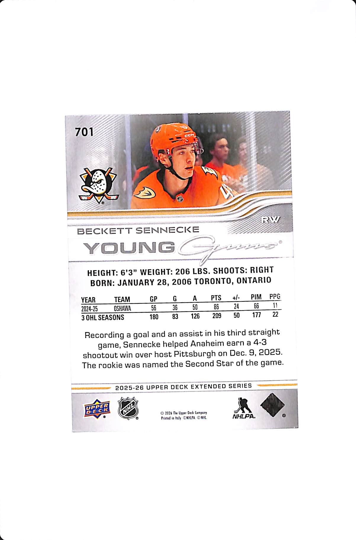 2025-26 UPPER DECK EXTENDED SERIES BECKETT SNNECKE YOUNG GUNS #701