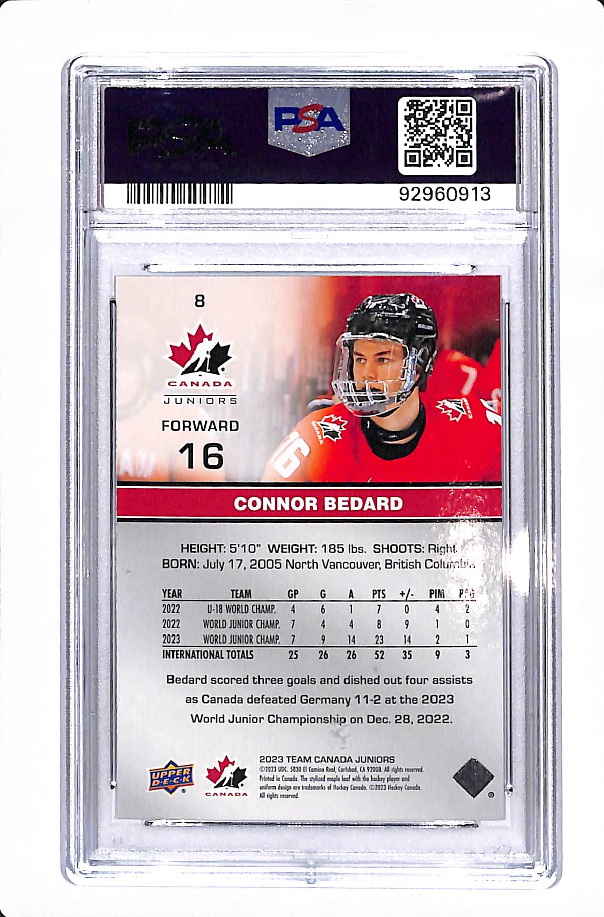 2023 TEAM CANADA JUNIORS CONNOR BEDARD ROOKIE PSA 10 #8