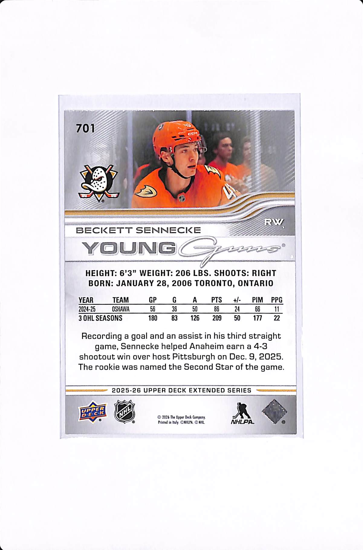 2025-2026 UPPER DECK EXTENDED SERIES BECKETT SENNECKE YOUNG GUNS #701
