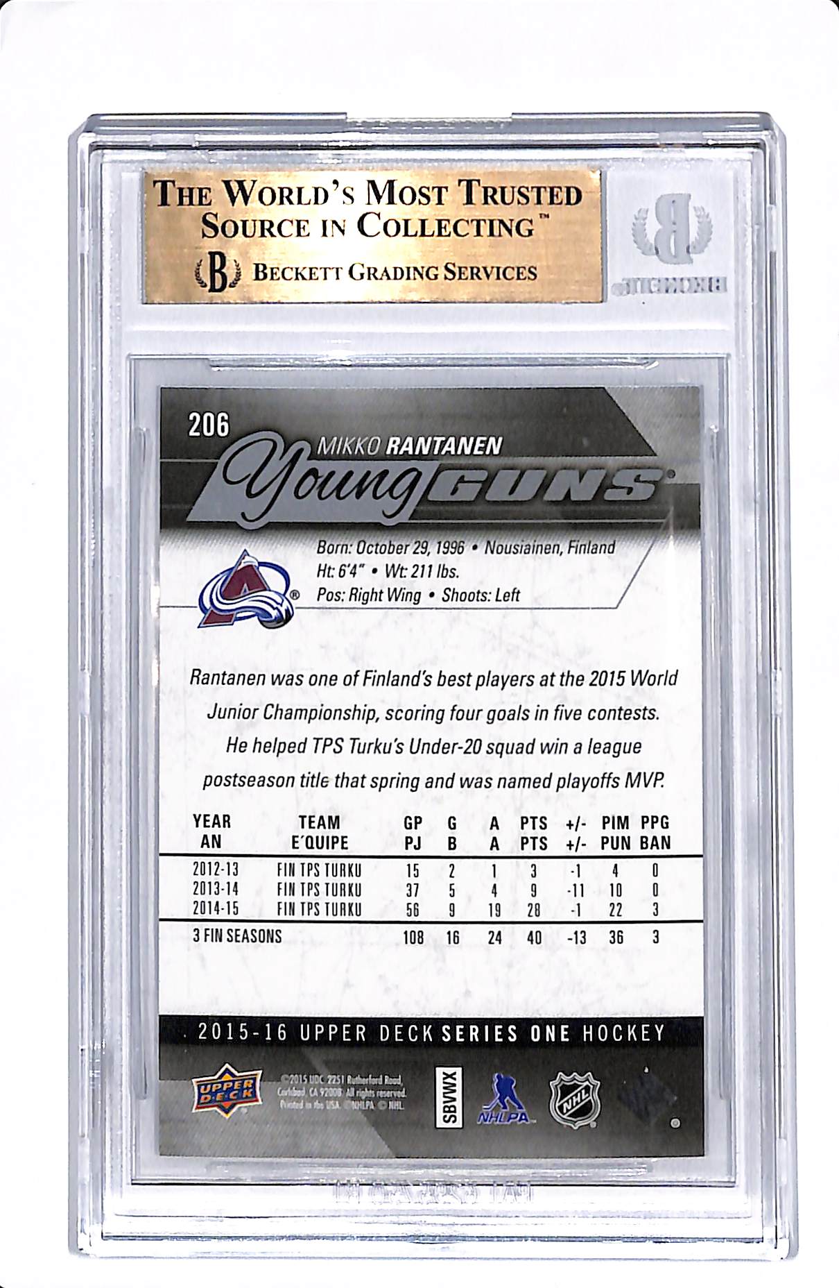 2015-16 UPPER DECK SERIES ONE MIKKO RANTANEN YOUNG GUNS BGS 9.5 #206