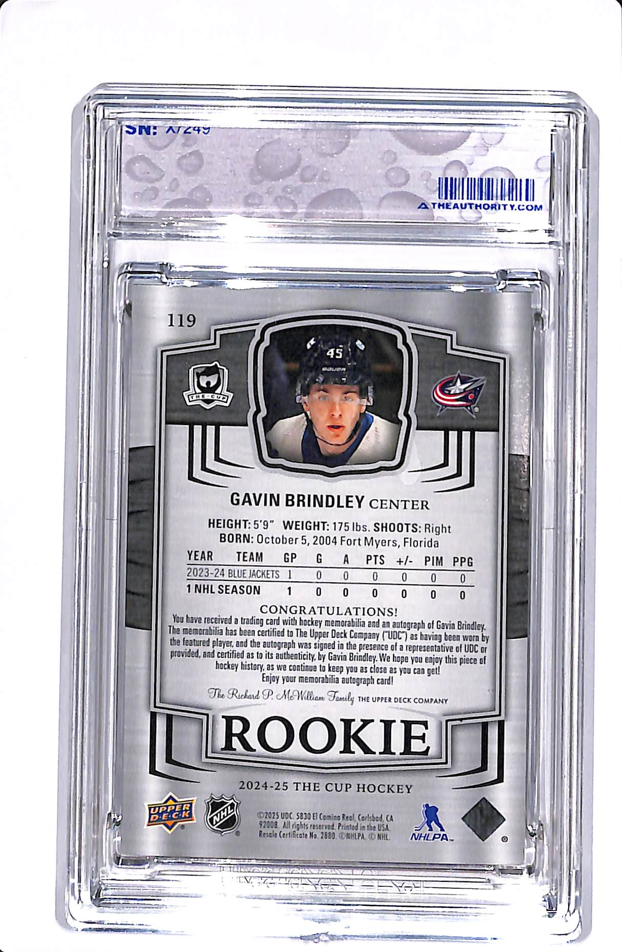 2024-25 UPPER DECK THE CUP GAVIN BRINDLEY ROOKIE PATCH AUTO /249 #119