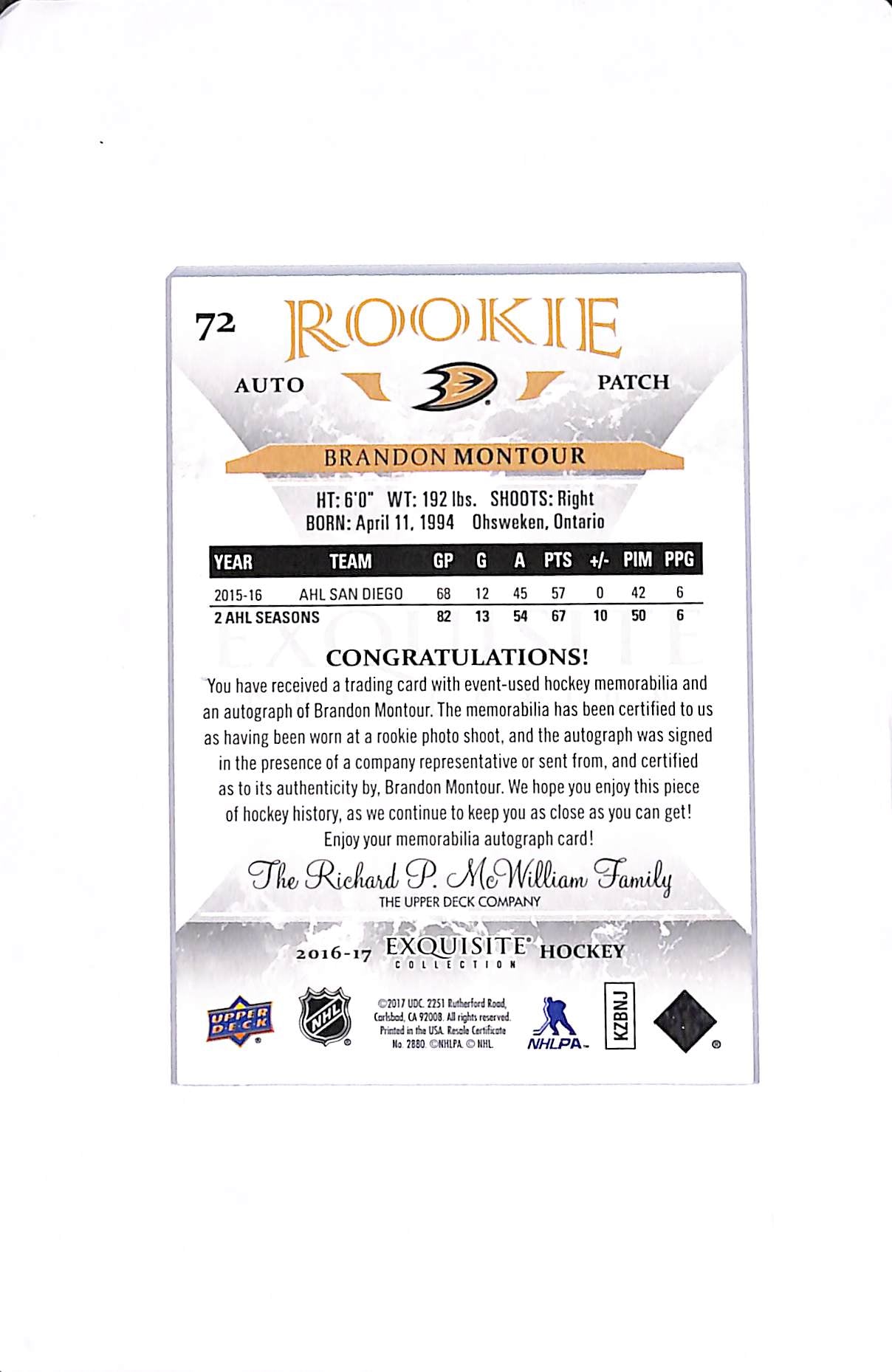 2016-17 UPPER DECK THE CUP EXQUISITE COLLECTION BRANDON MONTOUR ROOKIE AUTO PATCH /71 #72