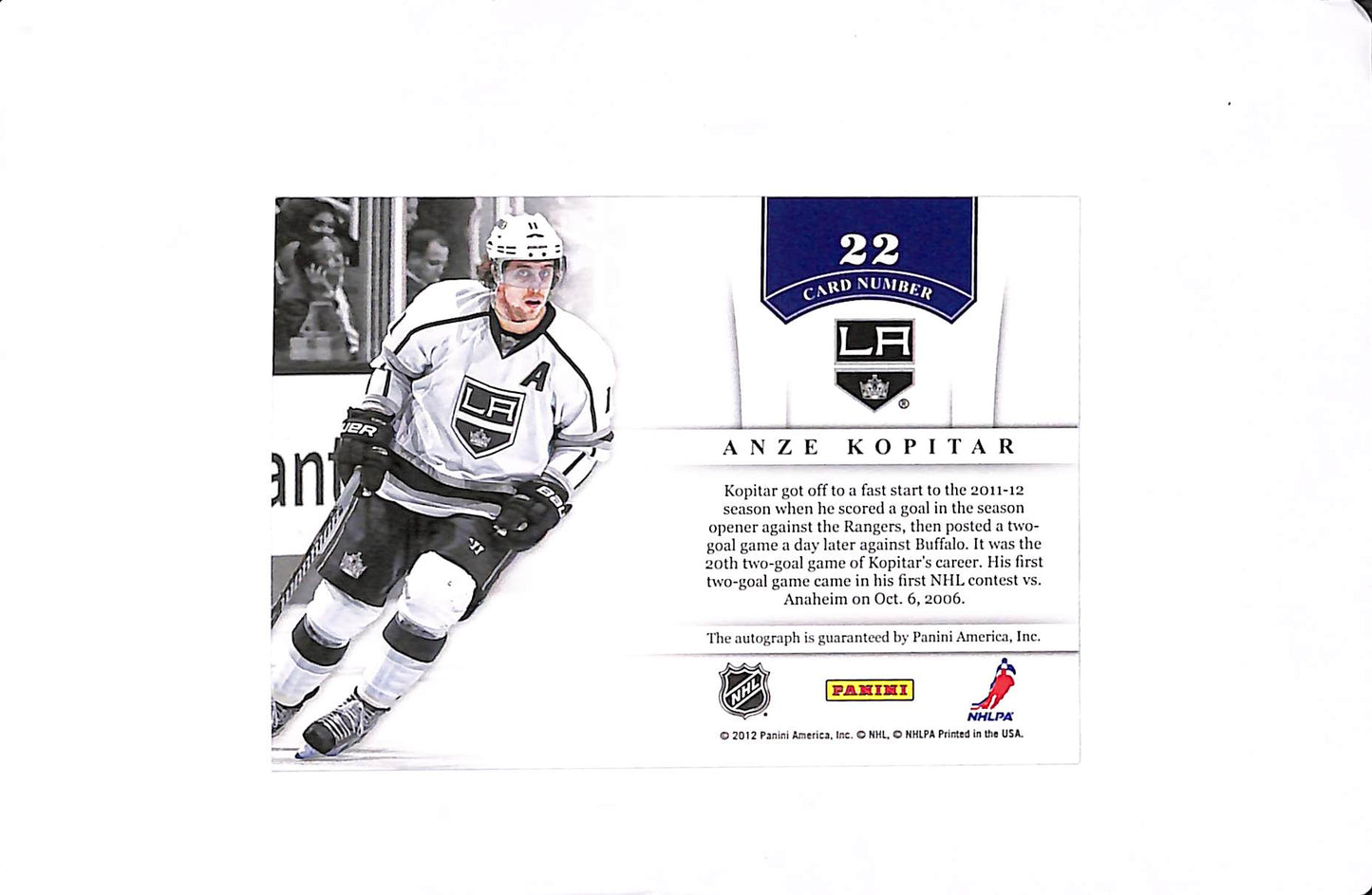 2011-12 PANINI CONTENDERS ANZE KOPITAR NHL INK AUTO #22