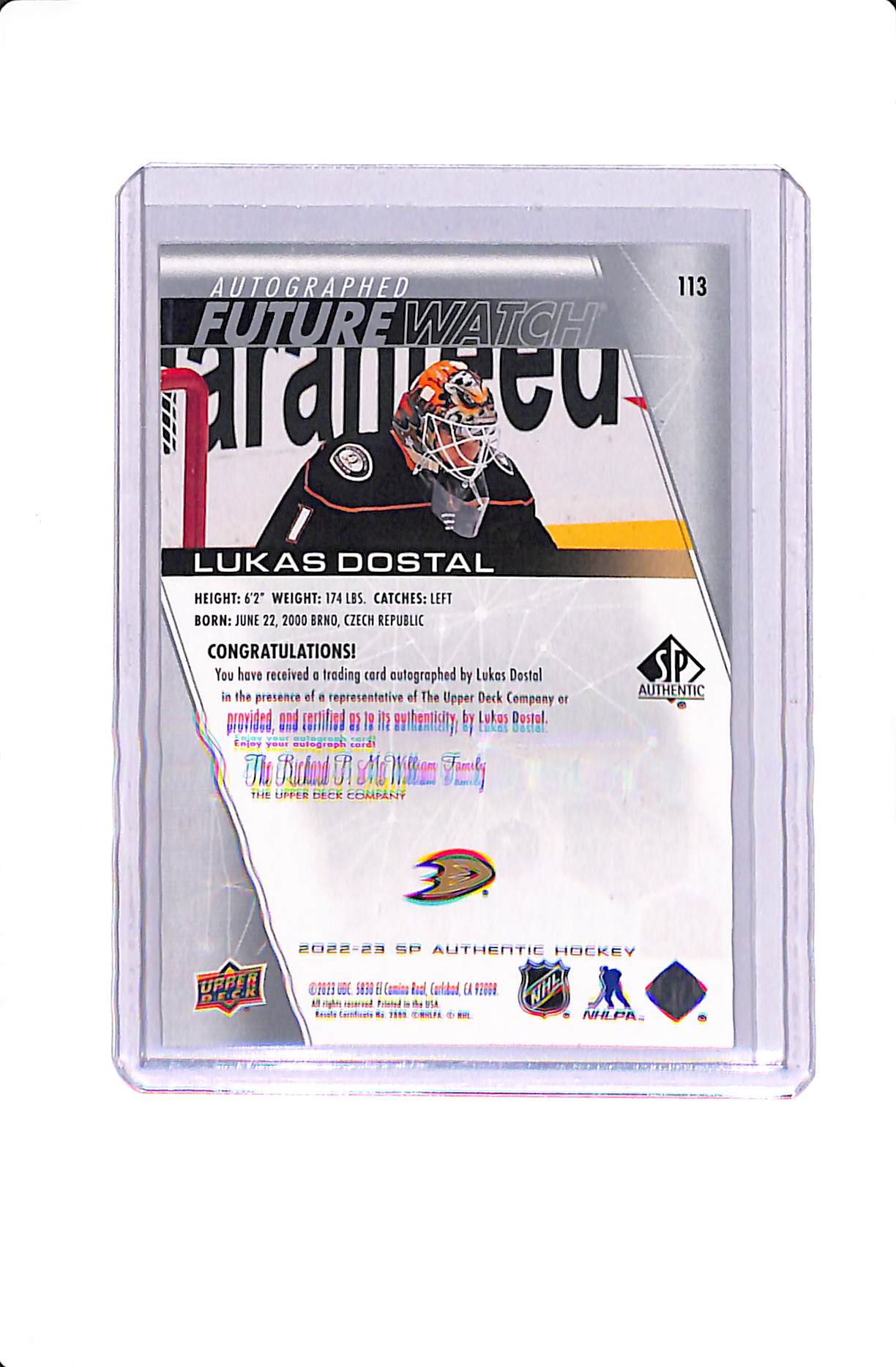 2022-23 UPPER DECK SP AUTHENTIC LUKAS DOSTAL FUTURE WATCH AUTO /999 #113