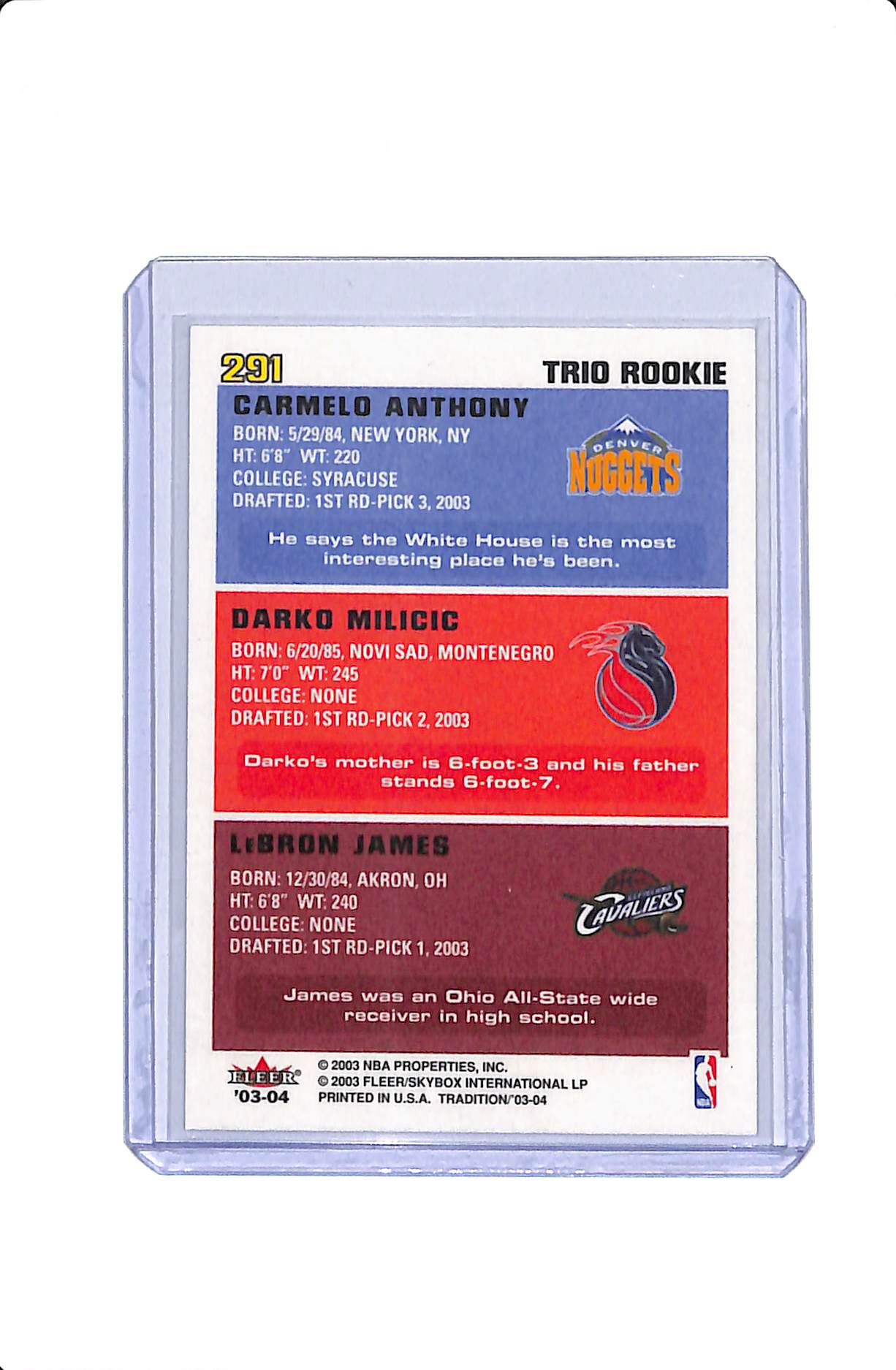 2003-04 FLEER TRADITION LEBRON JAMES DARKO MILICIC CARMELO ANTHONY TRIO ROOKIE #291