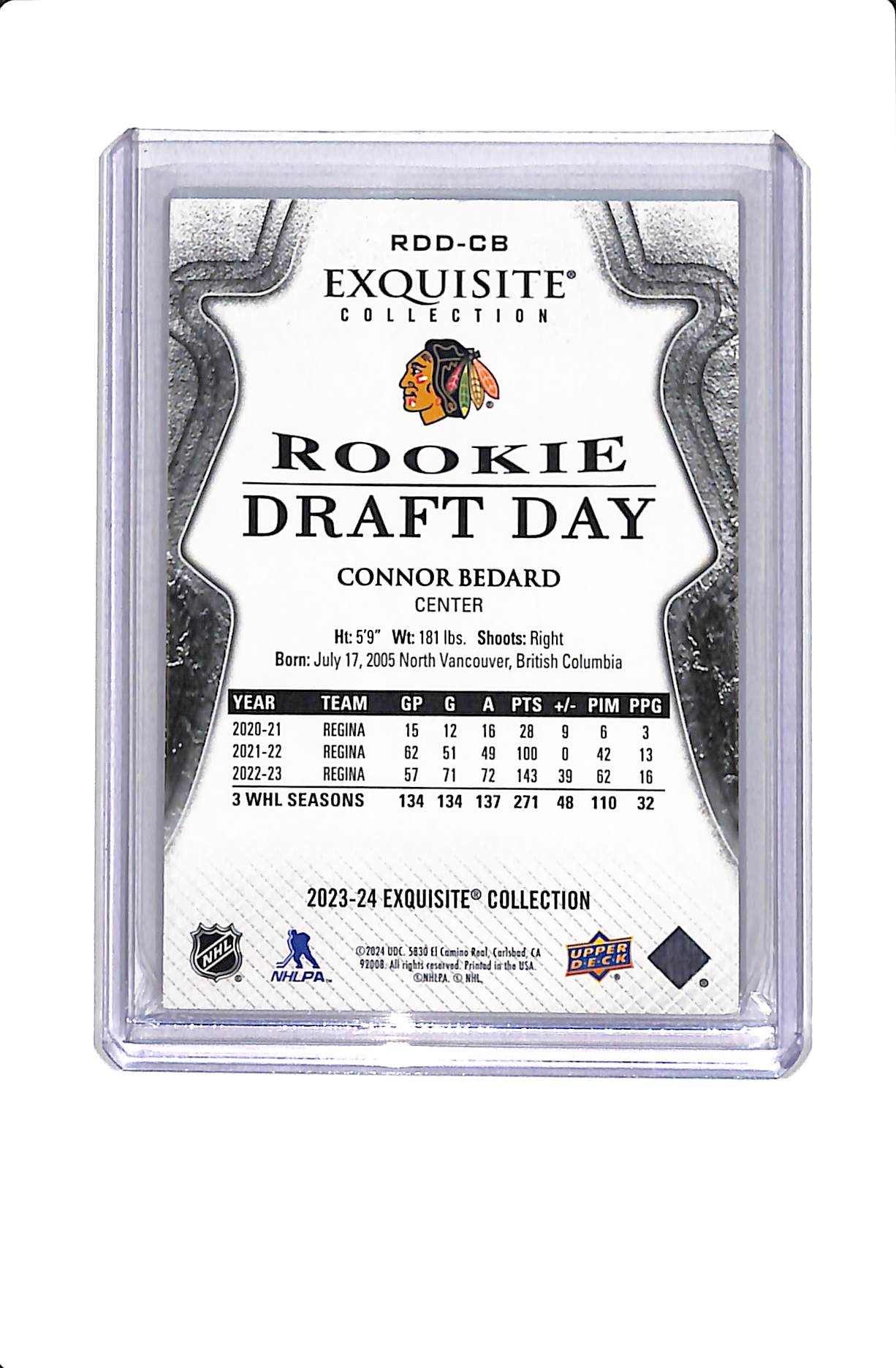 2023-24 UPPER DECK EXQUISITE ROOKIE DRAFT DAY CONNOR BEDARD /349 #RDD-CB