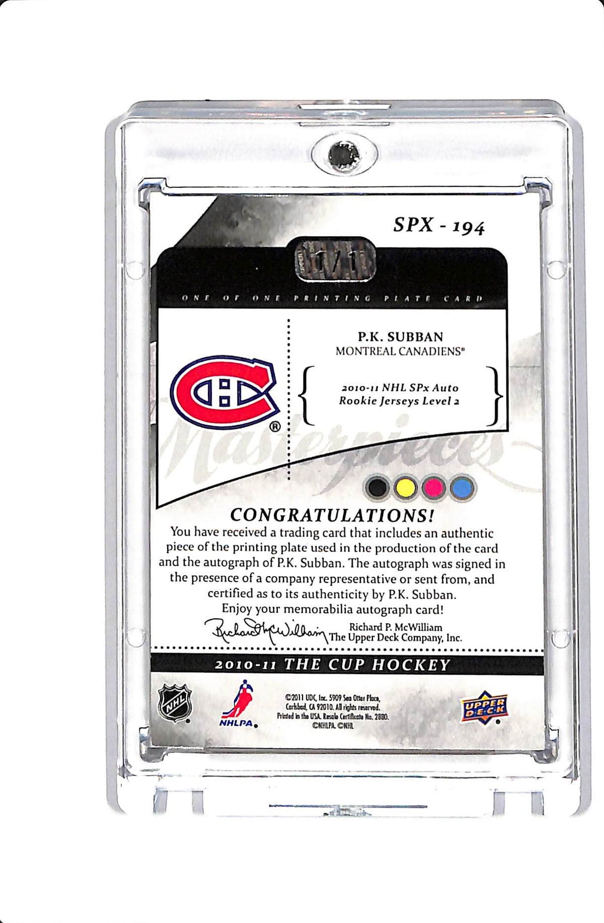 2010-11 UPPER DECK THE CUPP.K. SUBBAN PRINTING PLATE BLACK 1/1 #SPX-194