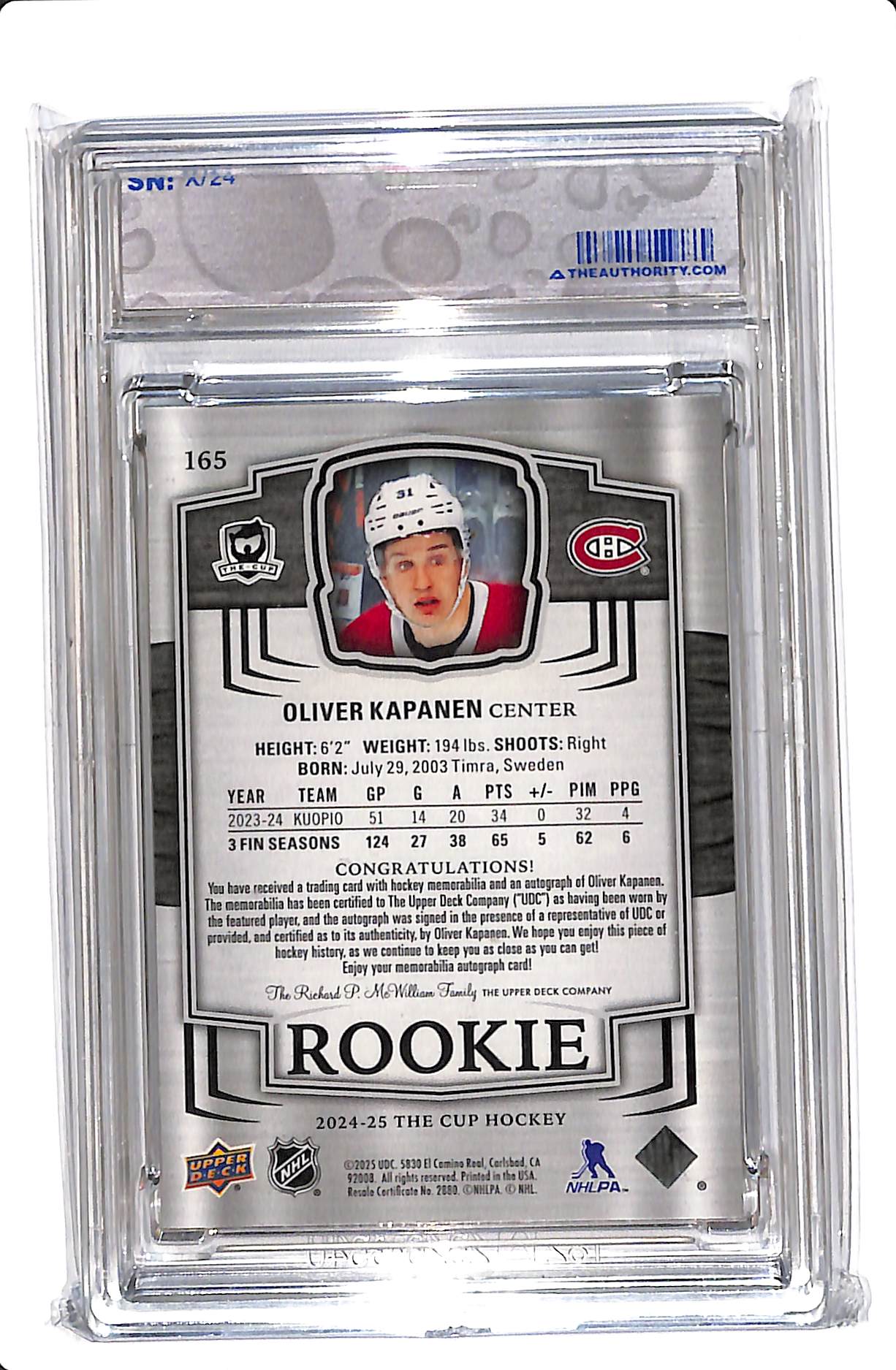 2024-25 UD THE CUP OLIVER KAPANEN #165 GOLD FOIL ROOKIE AUTO PATCH /24