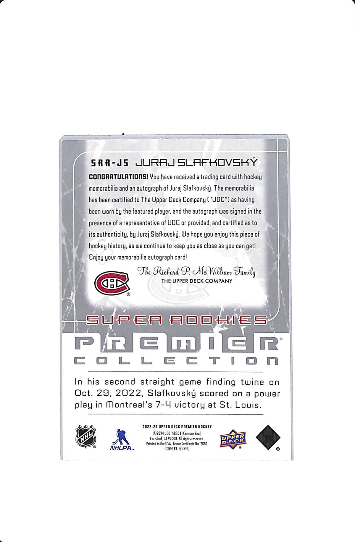 2022-23 UPPER DECK PREMIER JURAJ SLAFKOVSKY #SRR-JS SUPER ROOKIES PATCH AUTO /49