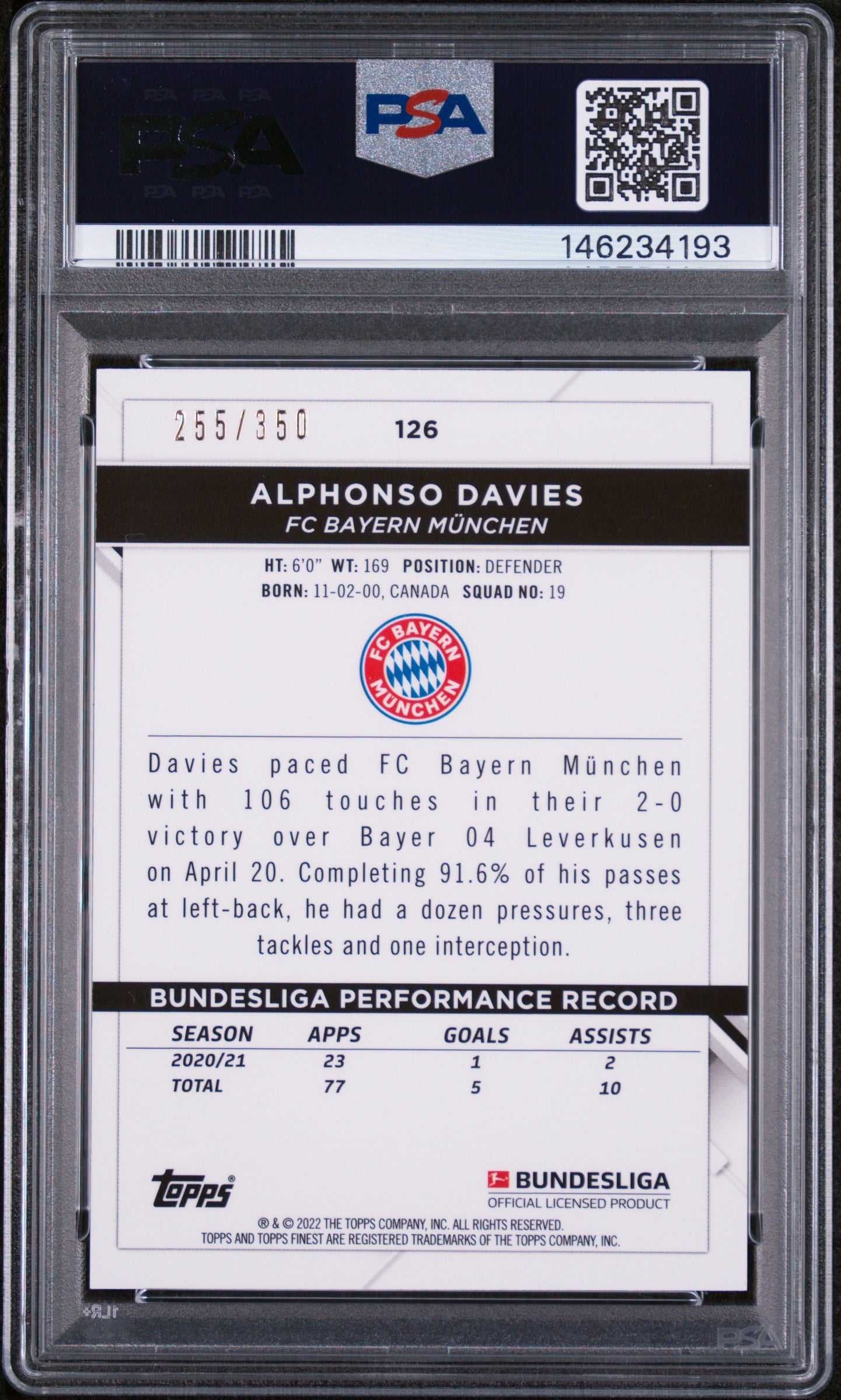 2021-2022 TOPPS FINEST BUNDESLIGA #126 ALPHONSO DAVIES YELLOW WAVE RED /350 PSA 9