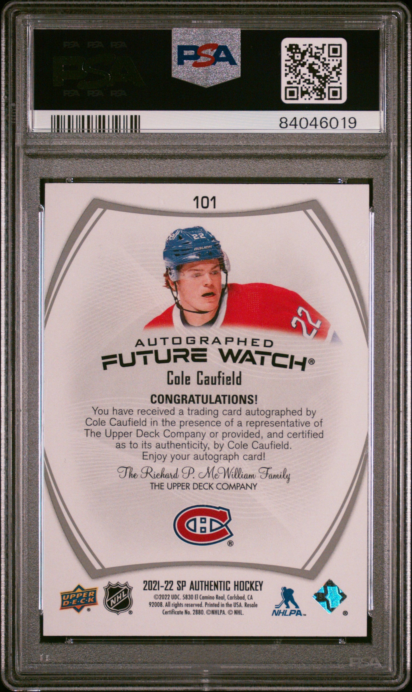 2021-22 SP AUTHENTIC #101 COLE CAUFIELD FUTURE WATCH AUTOGRAPH /999
