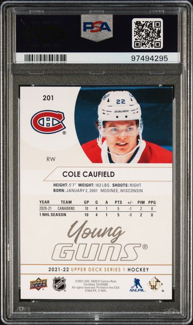 2021-2022 UPPER DECK #201 COLE CAUFIELD SPECKLED RAINBOW FOIL