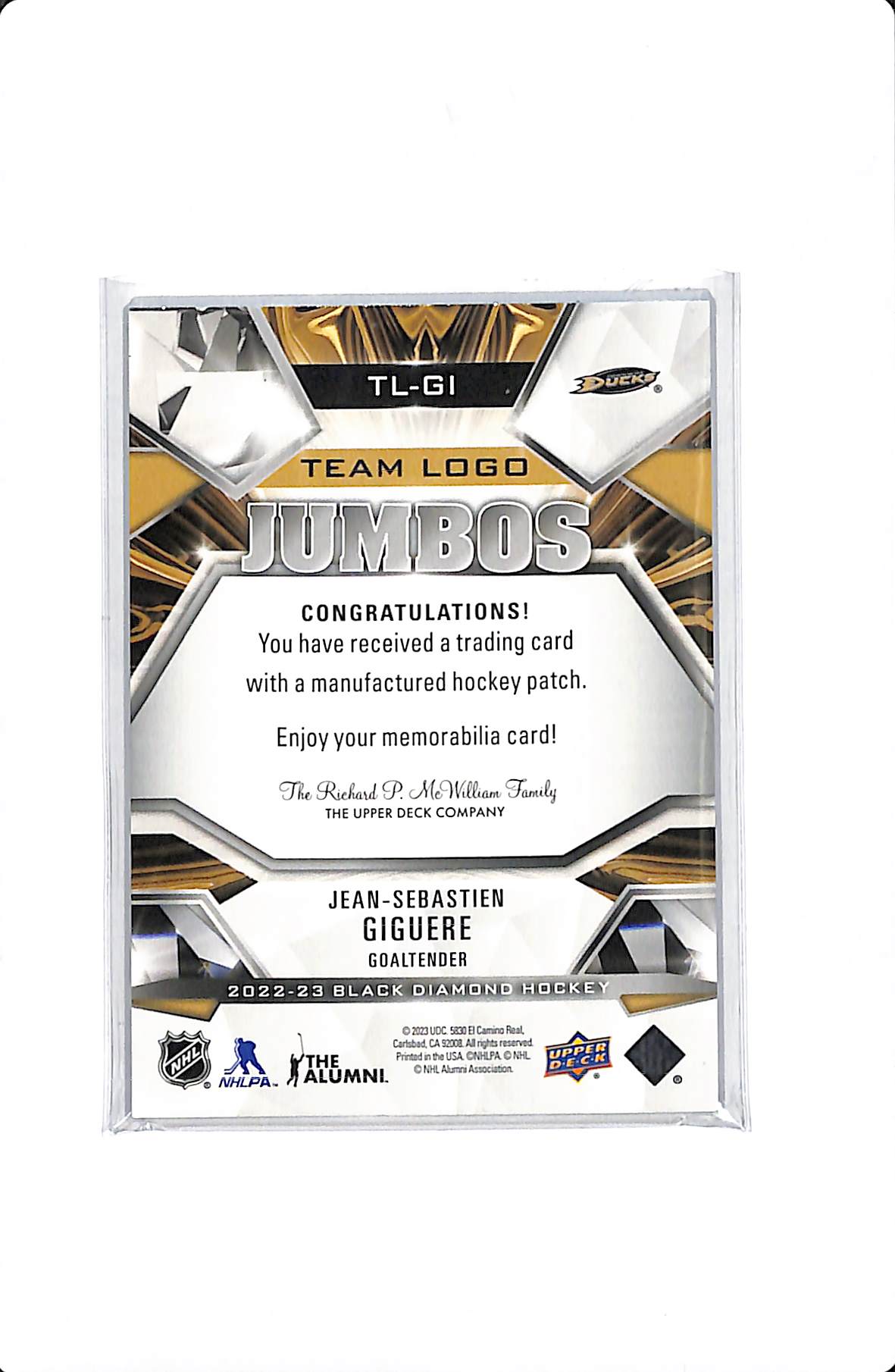 2022-23 UD BLACK DIAMOND JEAN-SEBASTIEN GIGUERE TEAM LOGO JUMBOS /5 #TL-GI