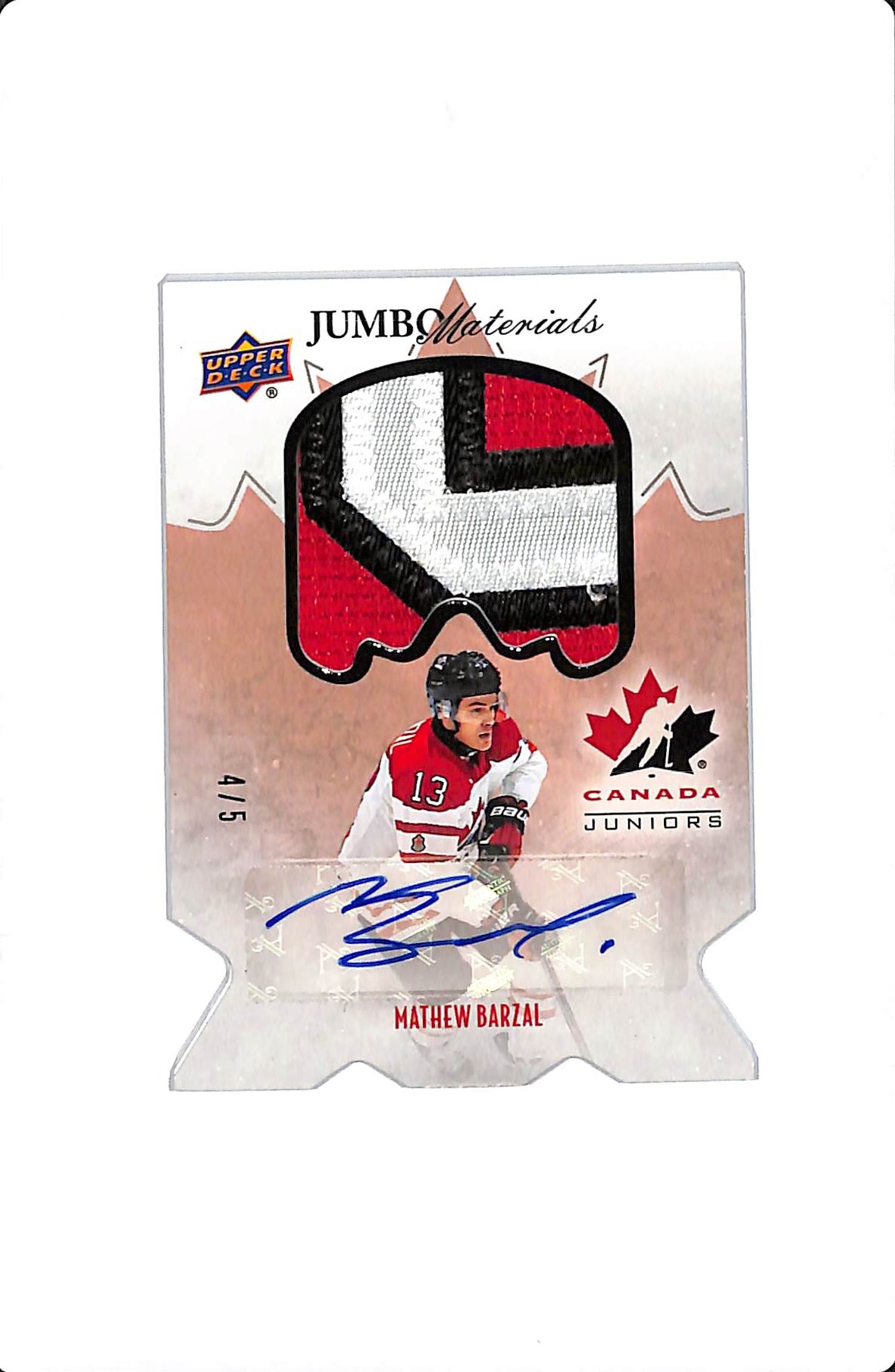 2016 UD TEAM CANADA JUNIORS MATTHEW BARZAL JUMBO MATERIALS AUTO /5 #JS-MB