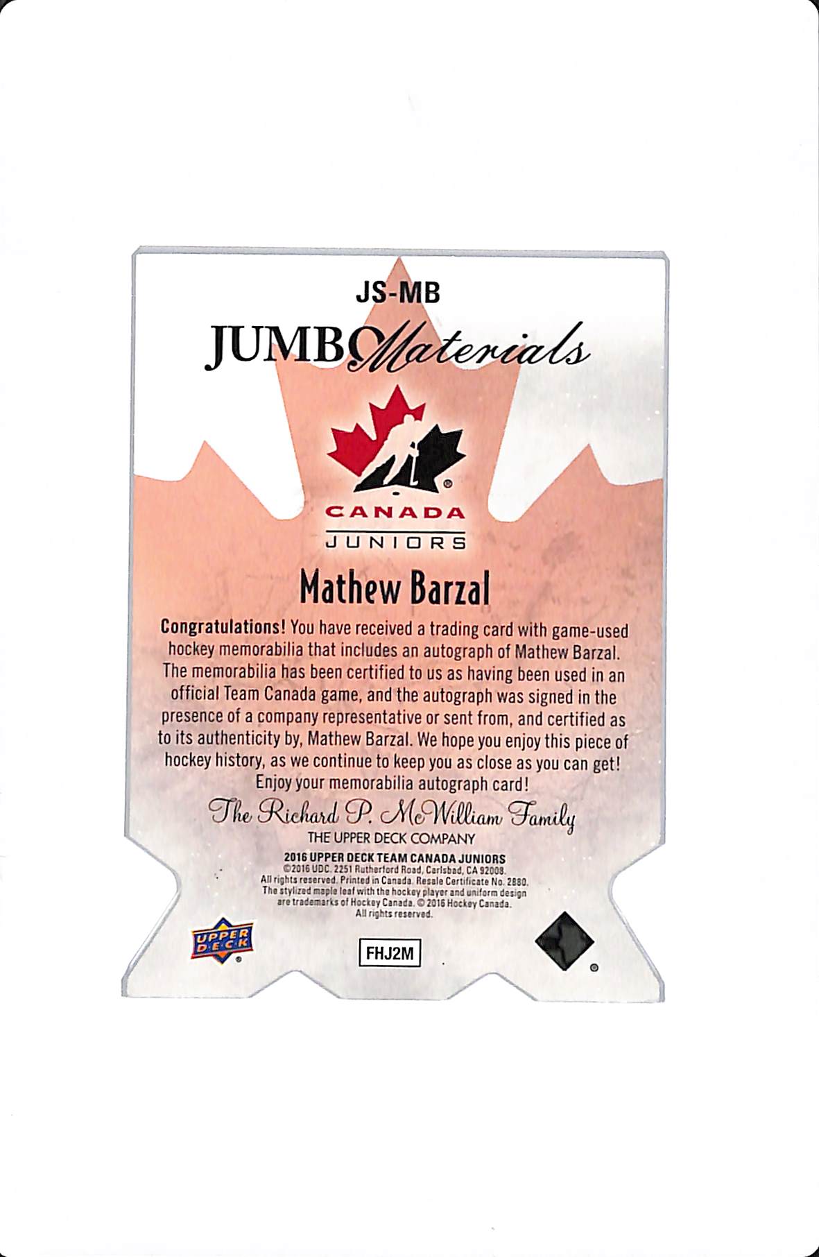 2016 UD TEAM CANADA JUNIORS MATTHEW BARZAL JUMBO MATERIALS AUTO /5 #JS-MB