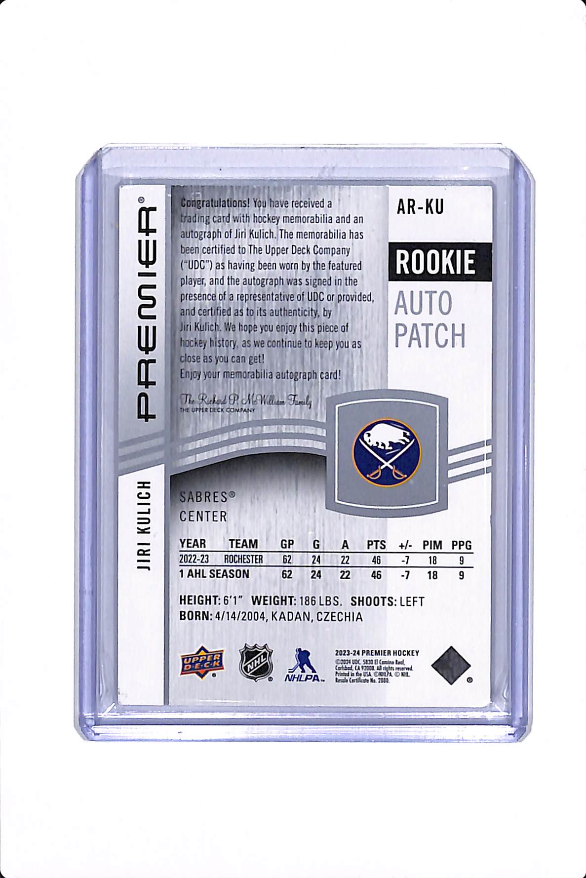 2023-24 UPPER DECK PREMIER JIRI KULICH ROOKIE AUTO PATCH /249 #AR-KU