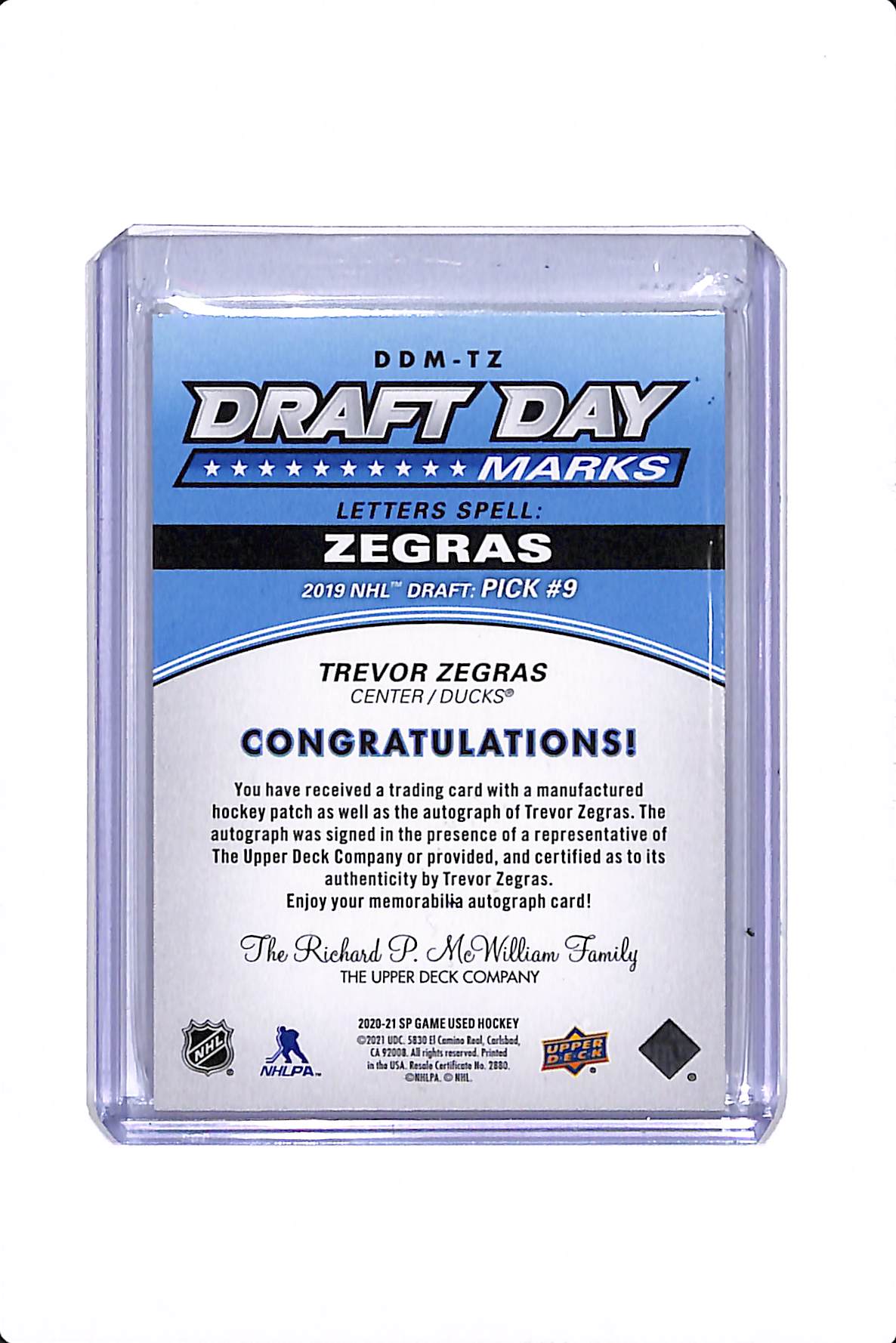 2021-22 UPPER DECK SP GAME USED TREVOR ZEGRAS DRAFT DAY MARKS /35 #DDB-TV (G)