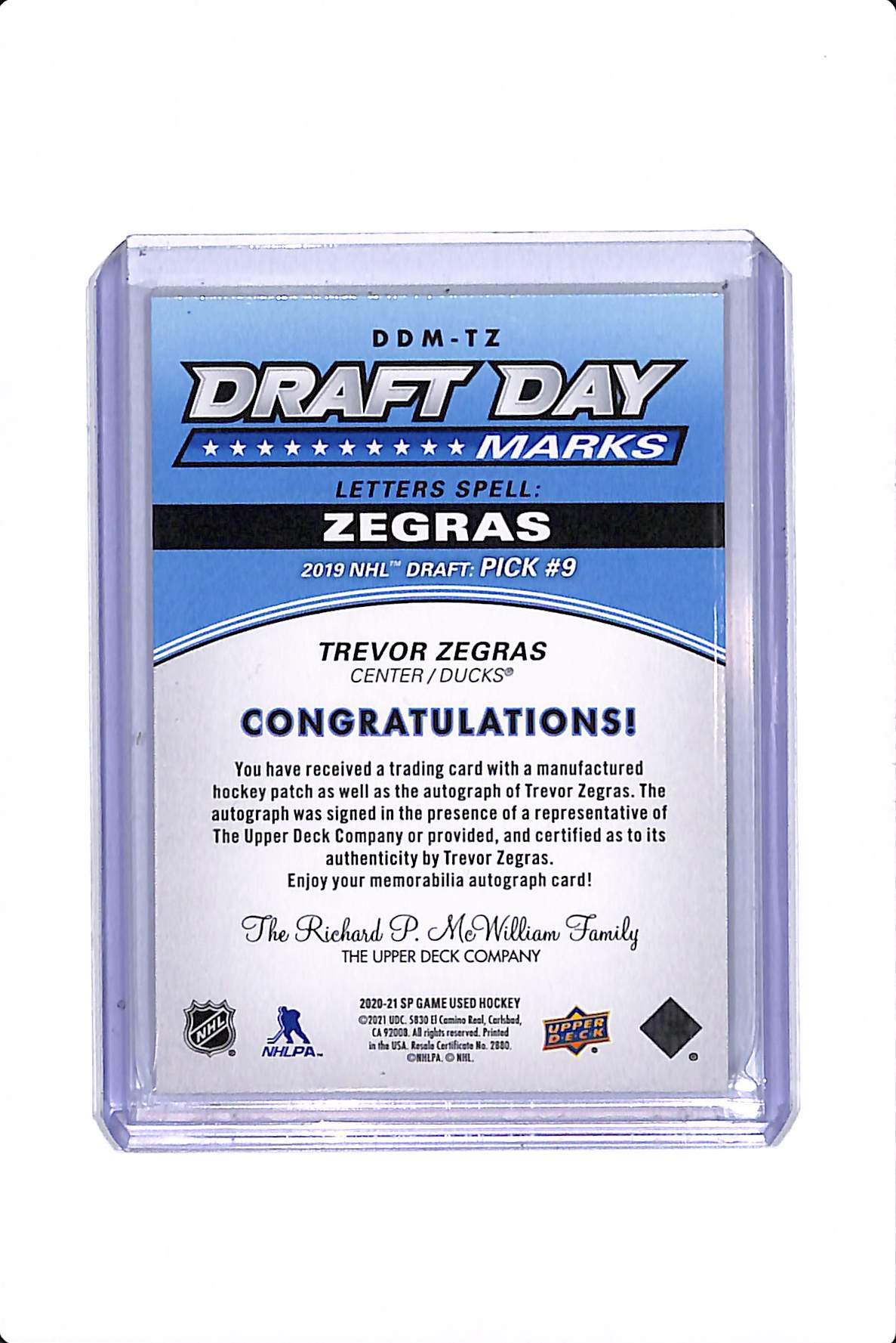 2021-22 UPPER DECK SP GAME USED TREVOR ZEGRAS DRAFT DAY MARKS /35 #DDB-TV (Z)