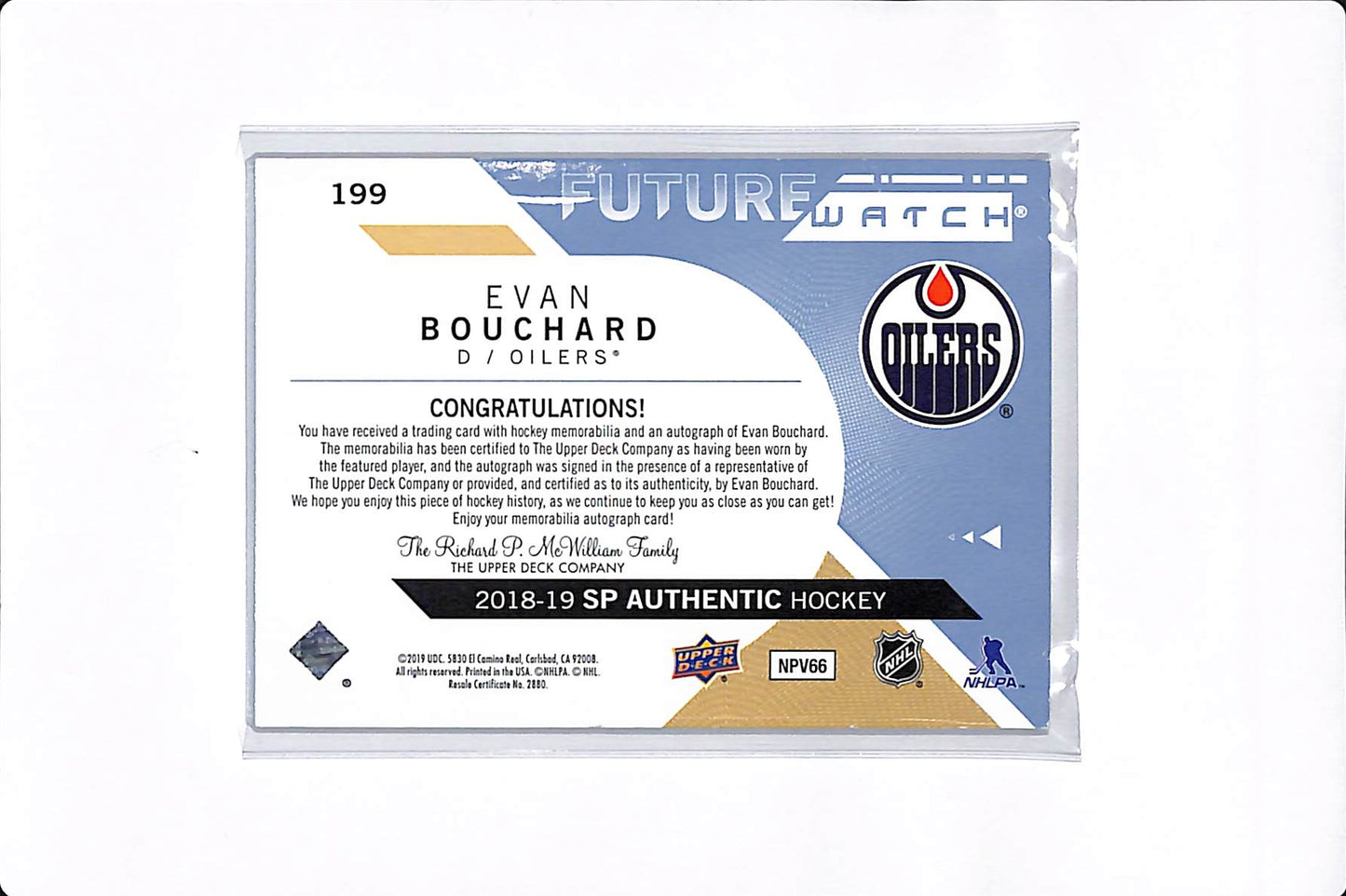 2018-19 UPPER DECK SP AUTHENTIC EVAN BOUCHARD FUTURE WATCH PATCH AUTO /100 #199