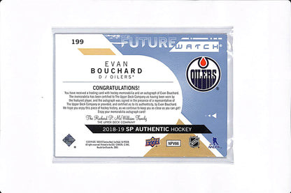 2018-19 UPPER DECK SP AUTHENTIC EVAN BOUCHARD FUTURE WATCH PATCH AUTO /100 #199