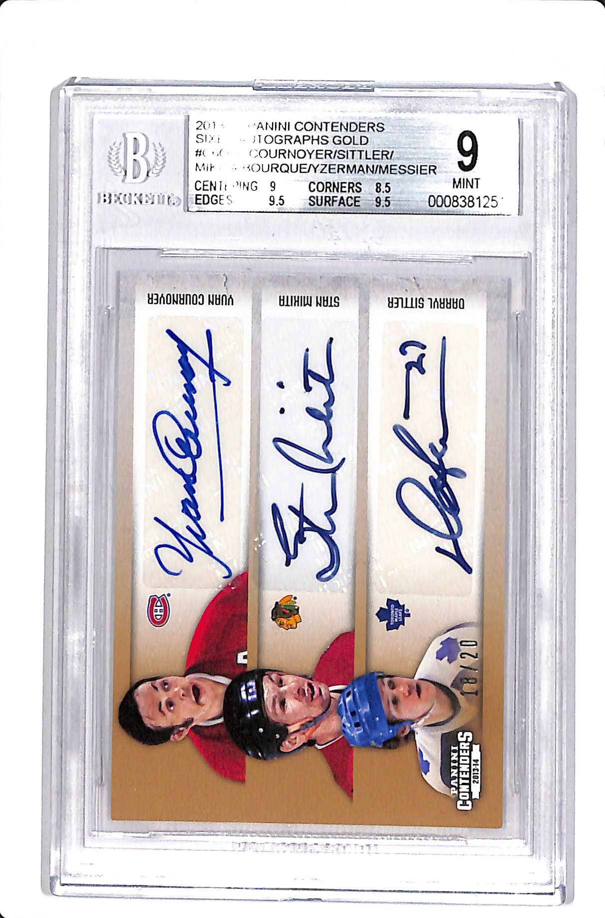 2013-14 PANINI CONTENDERS COURNOYER MIKITA SITTLER MESSIER YZERMAN BOURQUE SIXES AUTO GOLD BGS 9 AUTO 9 #C6-OR6