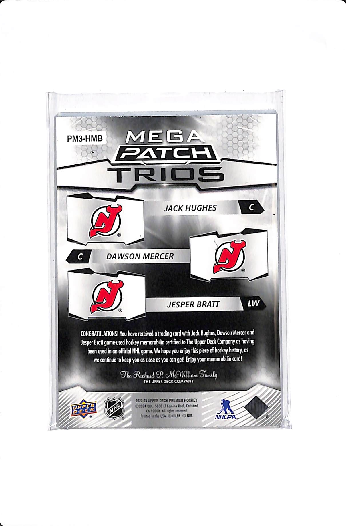 2022-23 UPPER DECK PREMIER MEGA PATCH HUGHES/MERCER/BRATT /15 #PM3-HHM