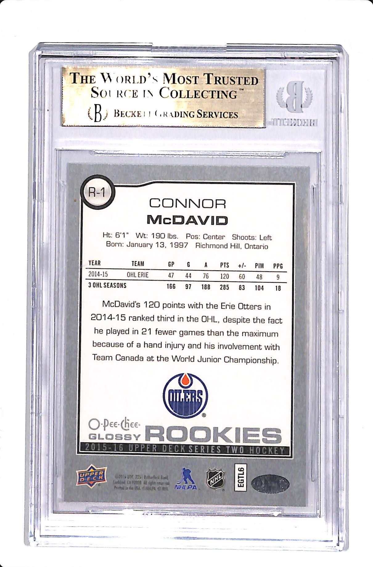 2015-16 O-PEE-CHEE GLOSSY ROOKIES CONNOR MCDAVID BGS 10 #R1