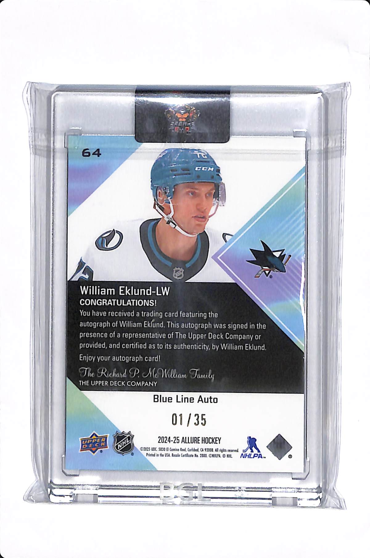 2024-25 UPPER DECK ALLURE WILLIAM EKLUND BLUE LINE AUTO /35 #54