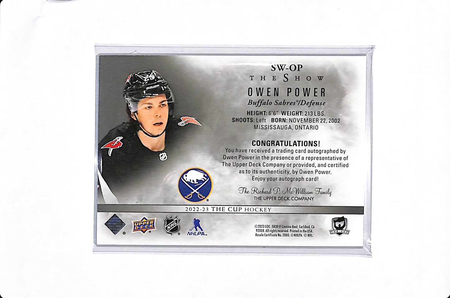 2022-23 UPPER DECK THE CUP OWEN POWER THE SHOW WHITE AUTO #SW-OP