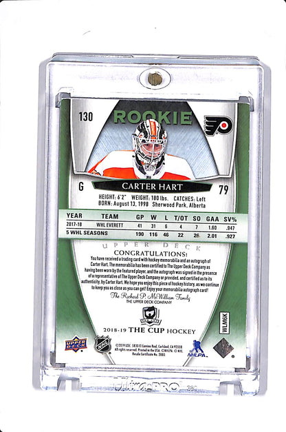 2018-19 UPPER DEXK THE CUP CARTER HART ROOKIE BUTTON PATCH AUTO /3 #130