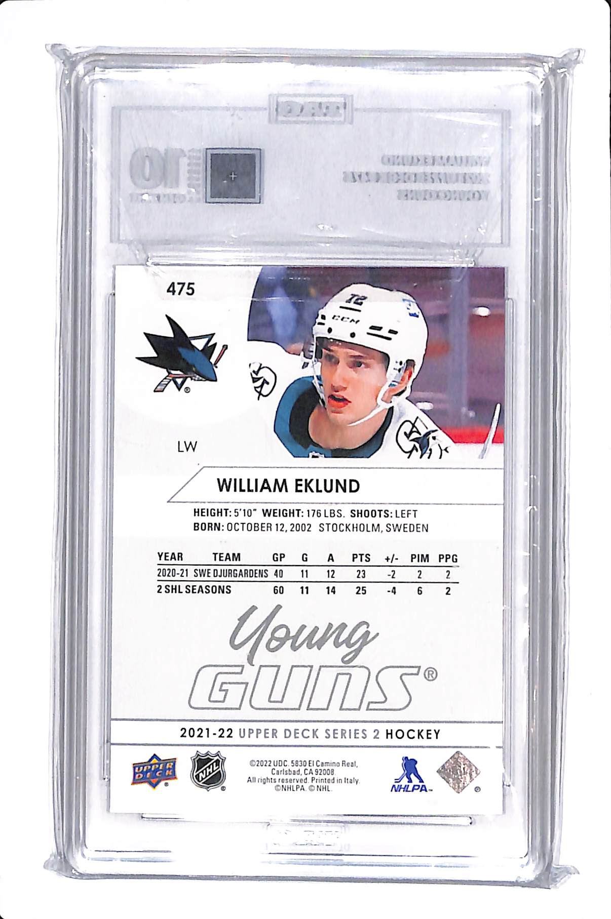 2021-22 UPPER DECK SERIES 2 WILLIAM EKLUND YOUNG GUNS TAG 10 #475