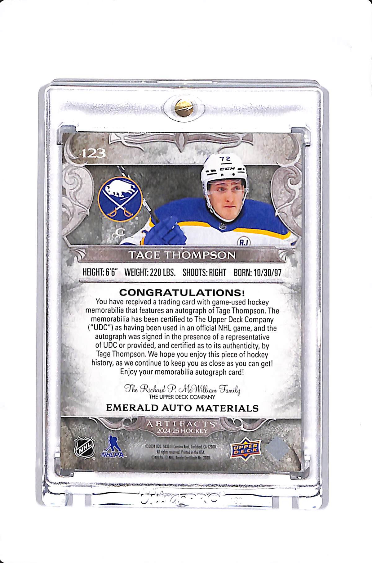 2024-25 UPPER DECK ARTIFACTS TAGE THOMPSON EMERALD AUTO MATERIALS /15 #123