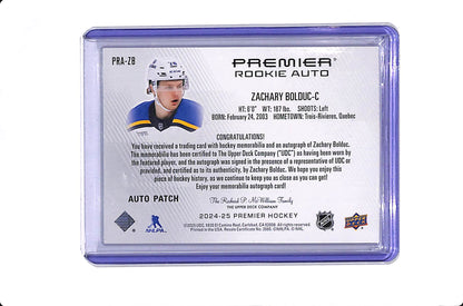 2024-25 UPPER DECK PREMIER ZACHARY BOLDUC ROOKIE AUTO PATCH /15 #PRA-ZB