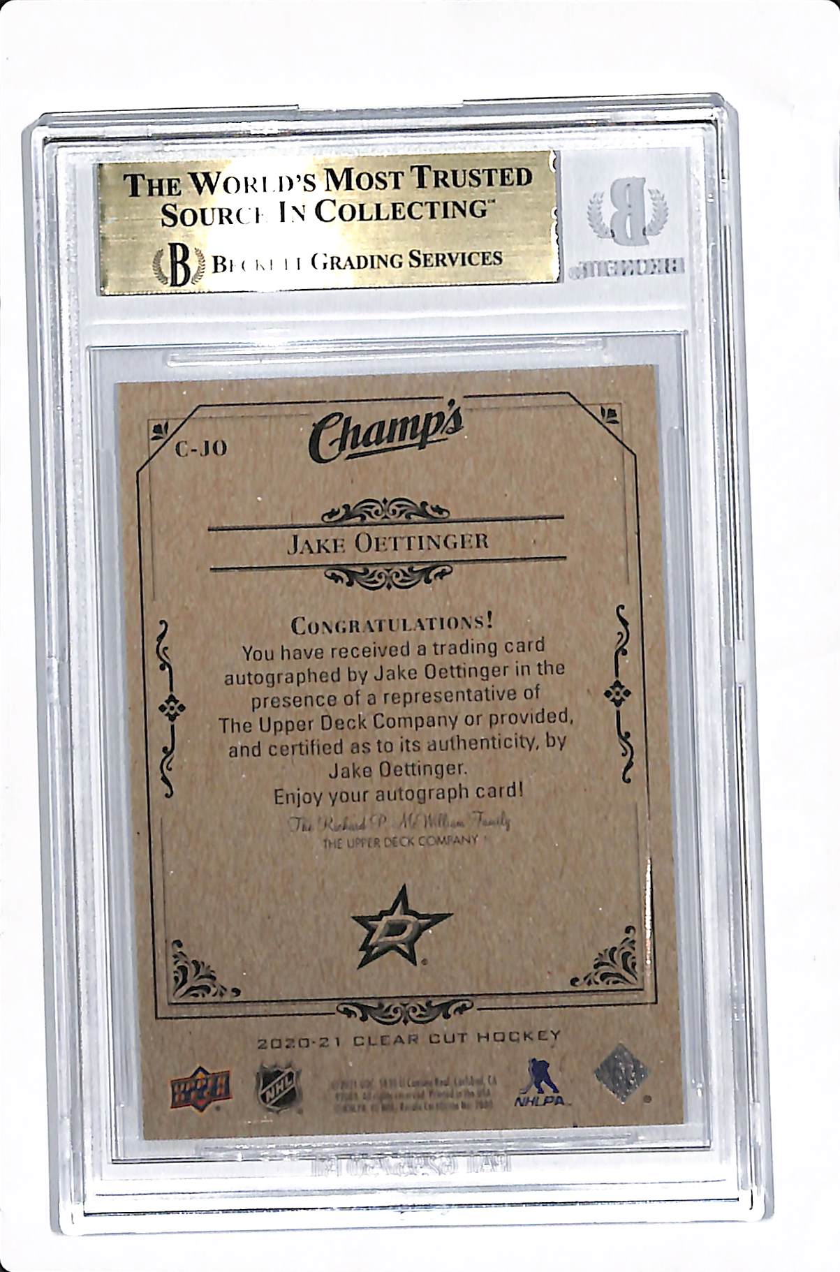 2020-21 UPPER DECK CLEAR CUT JAKE OETTINGER CHAMPS ROOKIES BGS 9.5 #C-JO