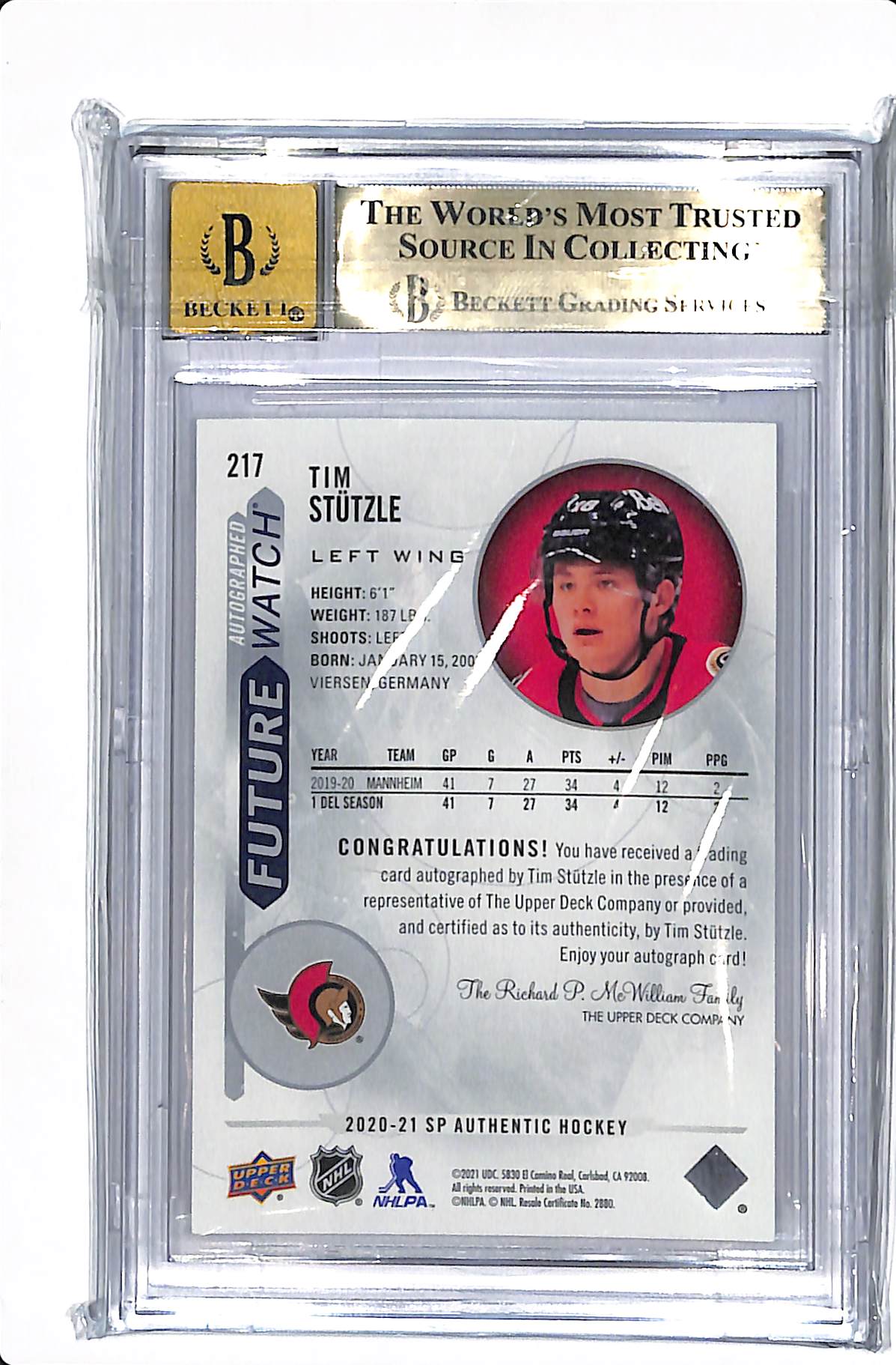 2020-21 UPPER DECK SP AUTHENTIC TIM STUTZLE FUTURE WATCH AUTO /999 BGS 9.5 AUTO 10 #217
