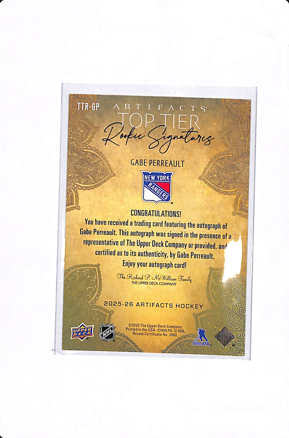 2025-26 UPPER DECK ARTIFACTS GABE PERREAULT TOP TIER ROOKIE SIGNATURES #TTR-GP
