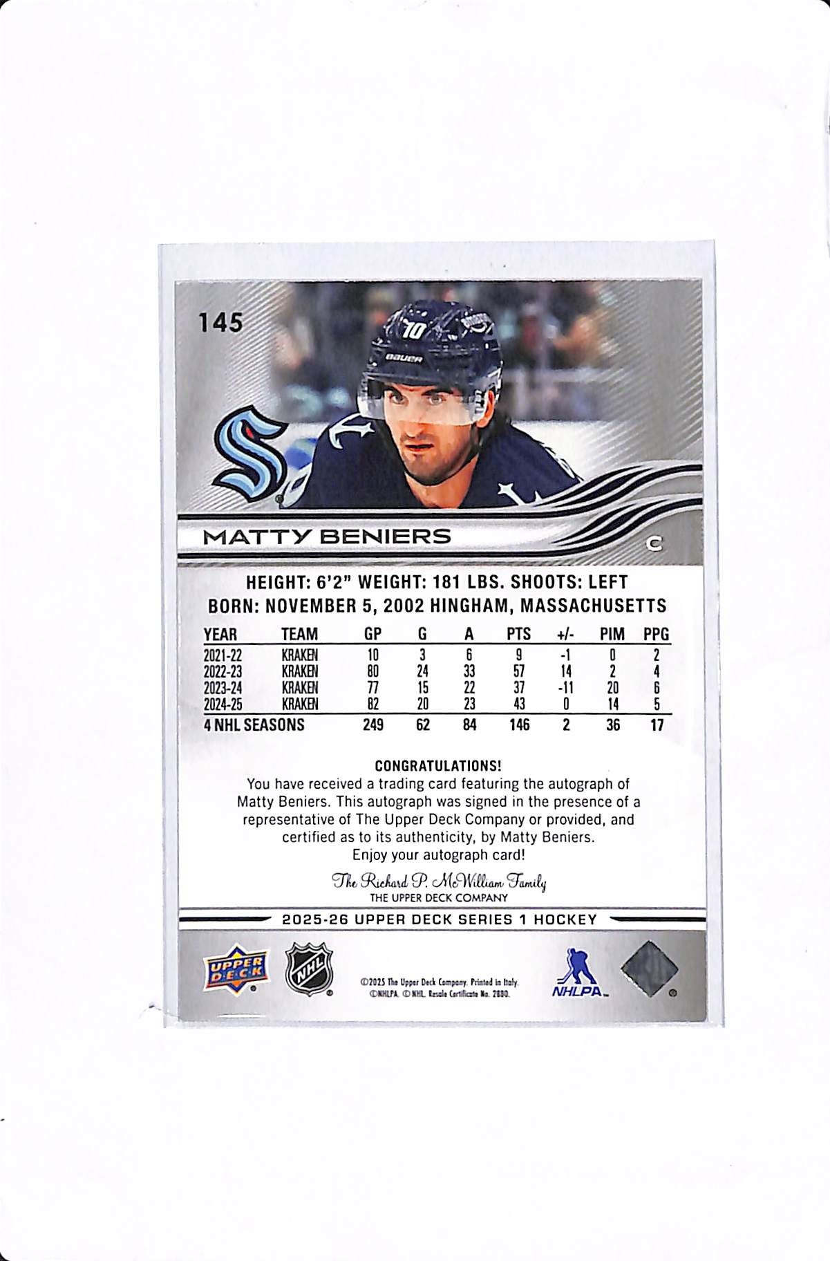 2025-26 UPPER DECK SERIES 1 MATTY BENIERS SNOW SPRAY AUTO #145 SSP