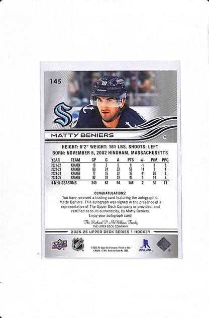 2025-26 UPPER DECK SERIES 1 MATTY BENIERS SNOW SPRAY AUTO #145 SSP
