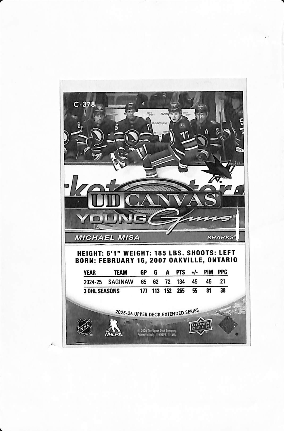 2025-26 UPPER DECK MICHAEL MISA UD CANVAS YOUNG GUNS BLACK & WHITE #C-378