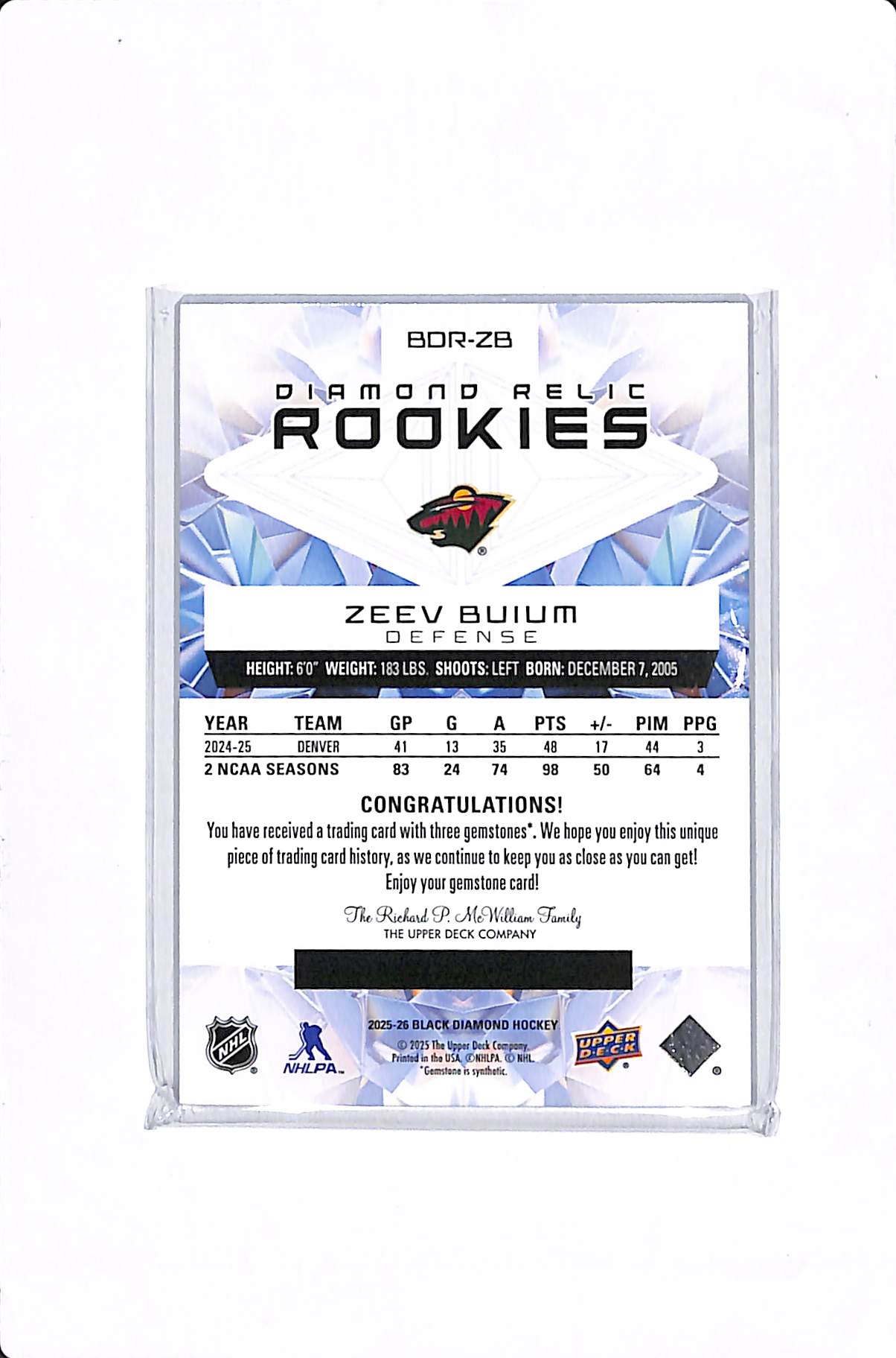 2025-26 UPPER DECK BLACK DIAMOND ZEEV BUIUM DIAMOND RELIC ROOKIES /99 #BDR-ZB