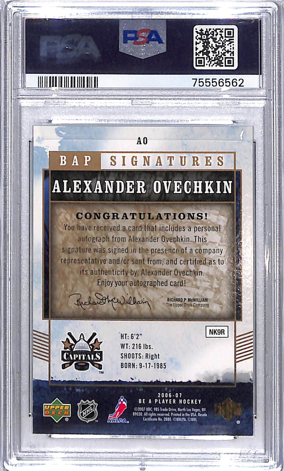 2006-07 UPPER DECK BE A PLAYER ALEXANDER OVECHKIN SIGNATURES PSA 9 #AO