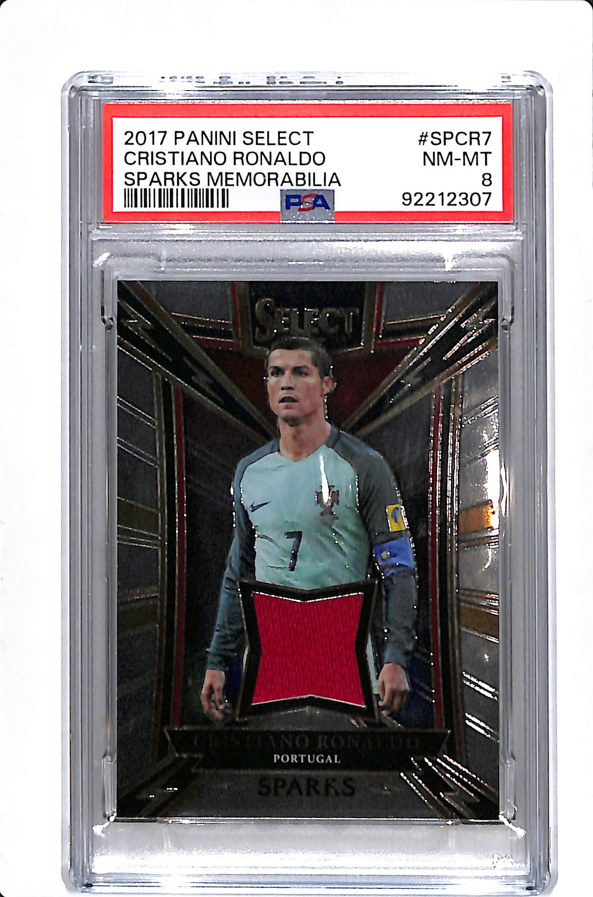 2017-18 PANINI SELECT CRISTIANO RONALDO SPARKS MEMORABILIA PSA 8 #SPCR7 PLAYER WORN