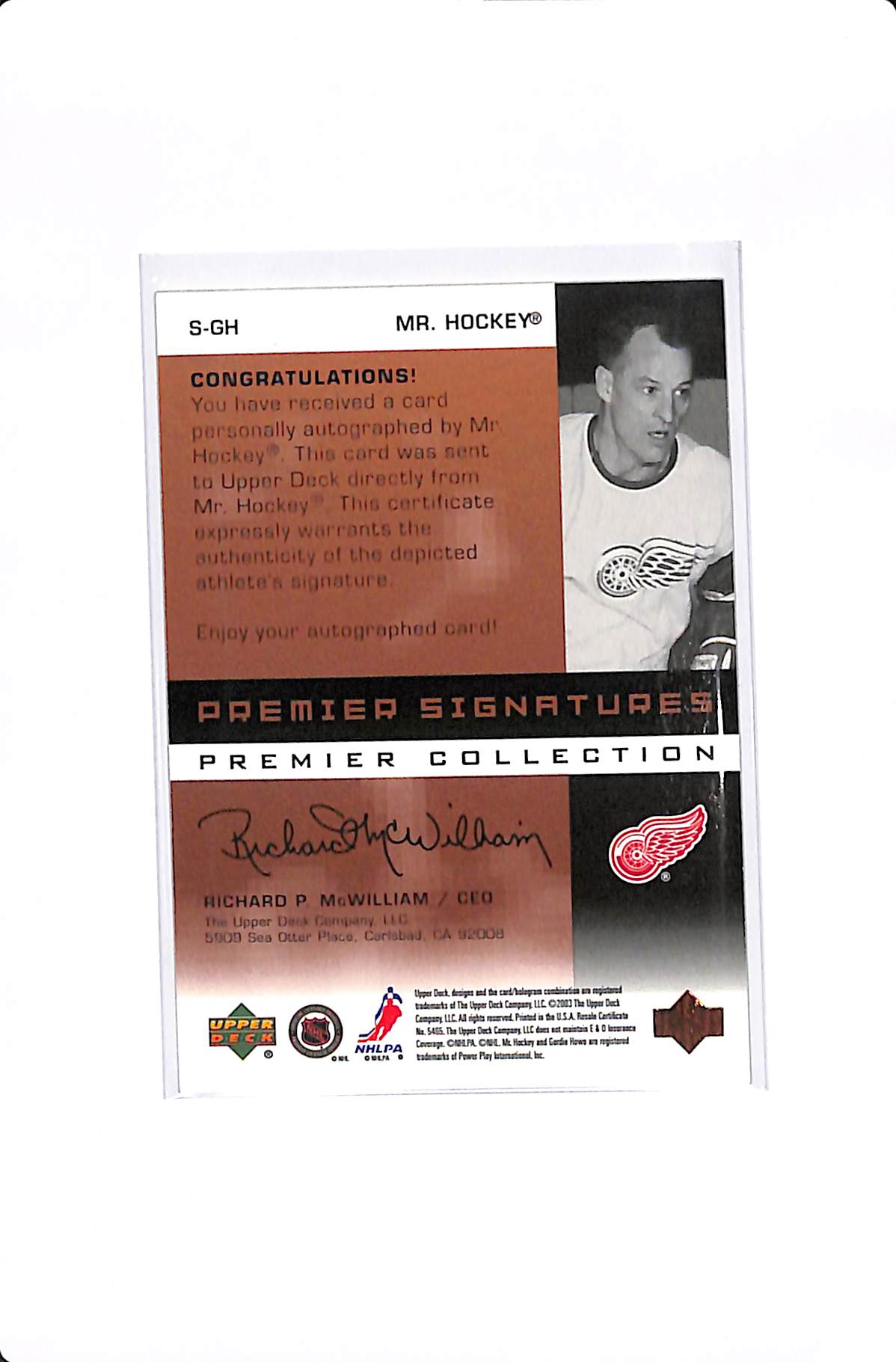 2002 UPPER DECK PREMIER COLLECTION GORDIE HOWE MR. HOCKEY INSCRIBED PREMIER SIGNATURES #S-GH