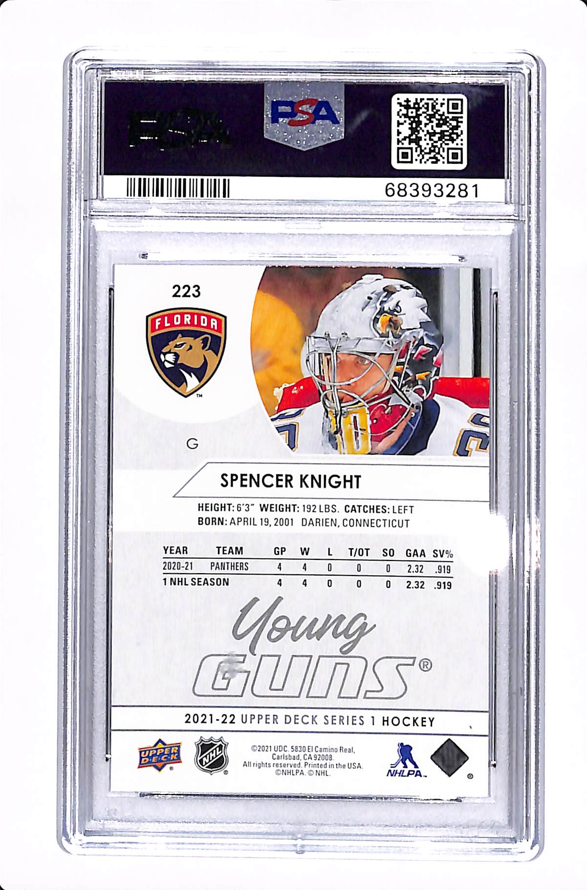 2021-22 UPPER DECK SERIES 1 SPENCER KNIGHT YOUNG GUNS PSA 10 #223
