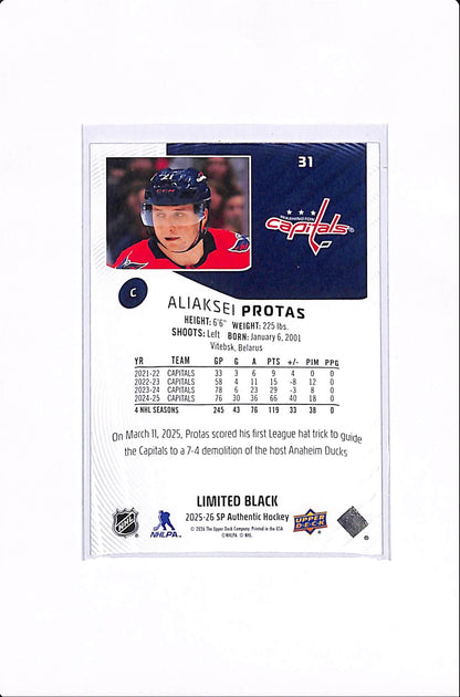 2025-26 UPPER DECK SP AUTHENTIC ALIAKSEI PROTAS LIMITED BLACK 1/1 #31