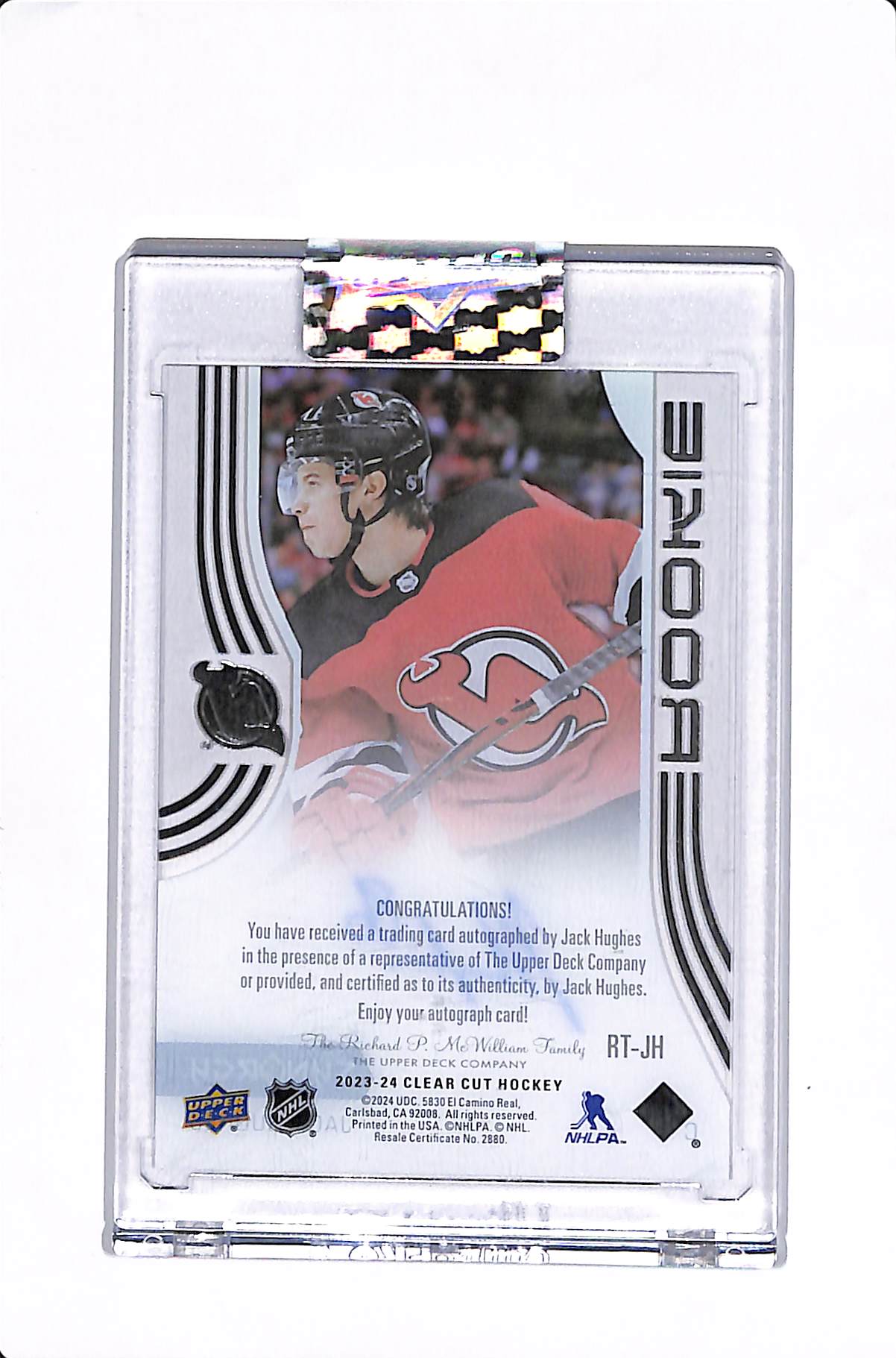2023-24 UPPER DECK CLEAR CUT JACK HUGHES SYNERGY RETRO ROOKIE AUTO #RT-JH